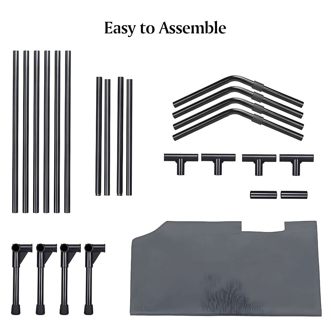 XL elevated dog bed with Teslin mesh and stainless steel frame, size 125×80×25cm, breathable, anti-slip, easy to clean, for indoor and outdoor use.

