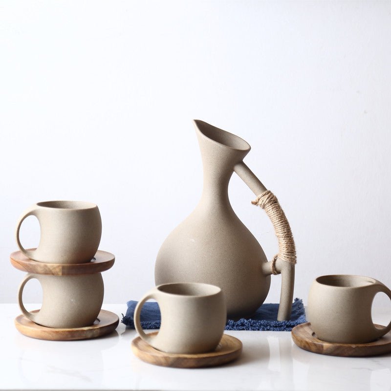 Handmade Pottery Jug and Cups Set with Wooden Saucers – 9-Piece Ceramic Drinkware