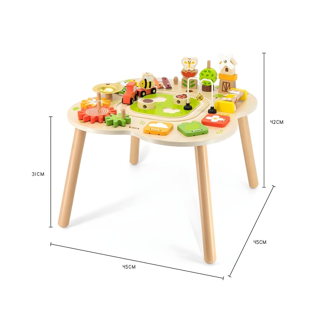 Wooden Montessori sensory activity table with puzzles, gears, bell, and train track — safe non-toxic paint, fun educational toy for toddlers, Beirut Lebanon.