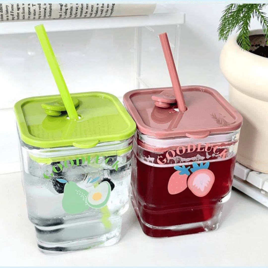 450ml Square Glass Cup Portable Glass With Lid - EUROPEAN HOUSE HOLD