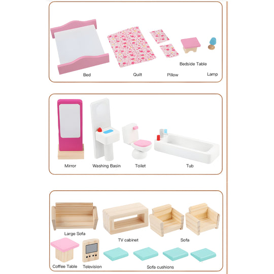 Wooden Dollhouse with Full Furniture Set – 3-Level Playhouse for Girls