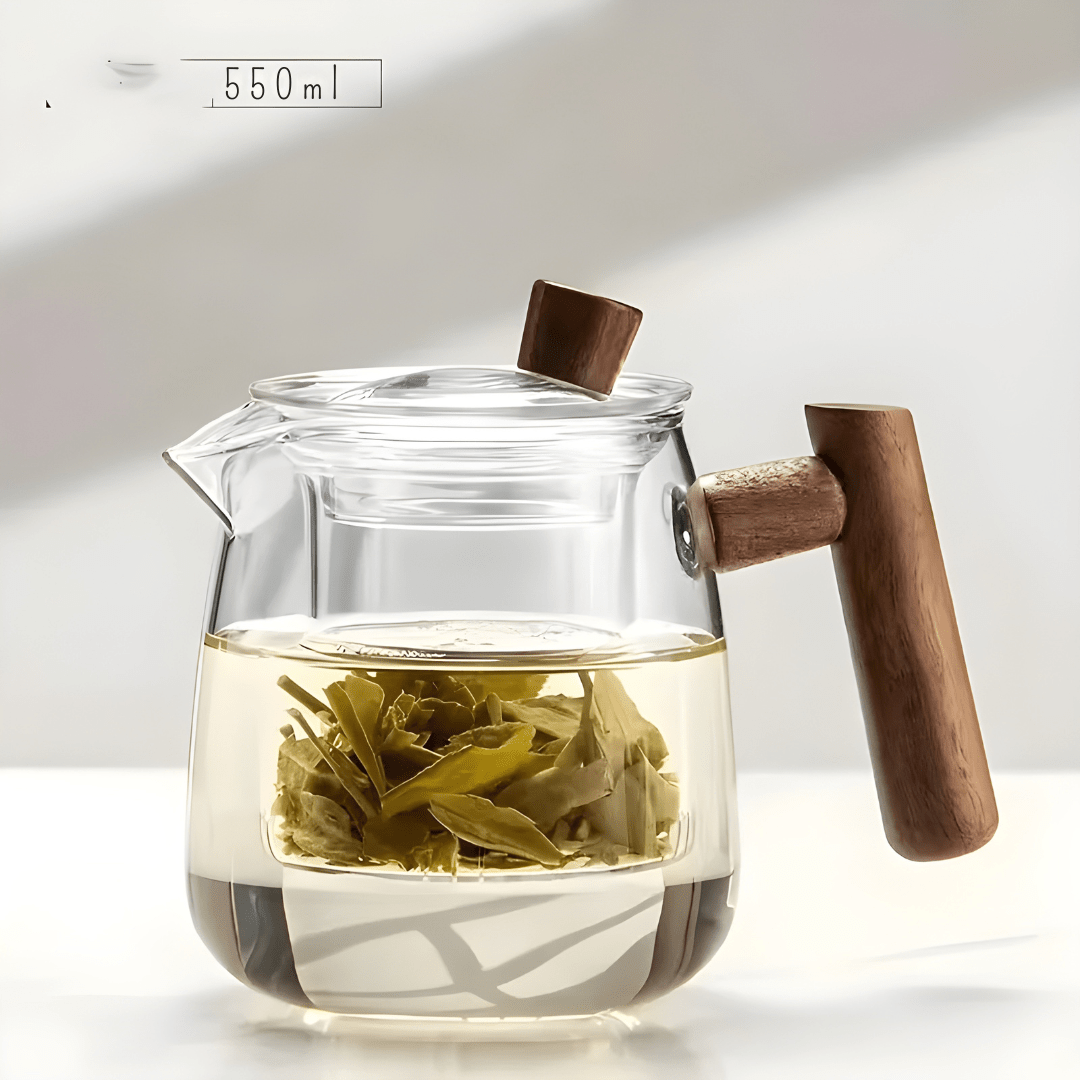 Handmade 480ml glass teapot with infuser and wooden handle, includes 4 tea cups – Beirut Lebanon