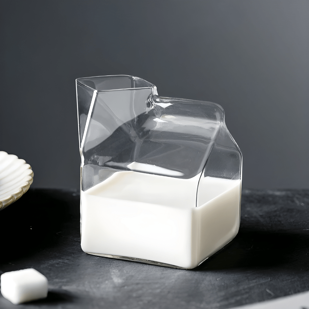 Milk box shaped clear glass cup filled with milk – Beirut, Lebanon