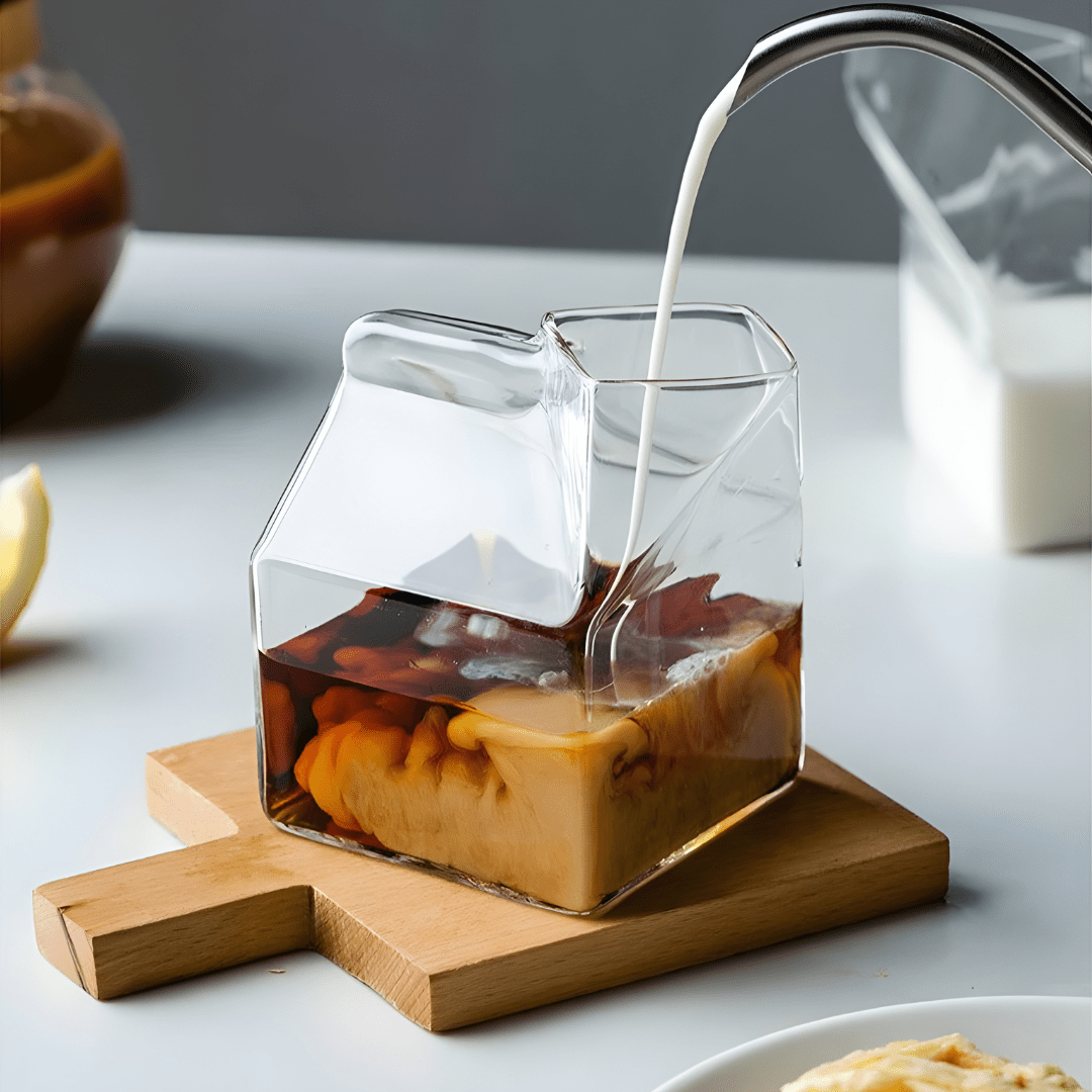 Milk box shaped clear glass cup filled with milk – Beirut, Lebanon