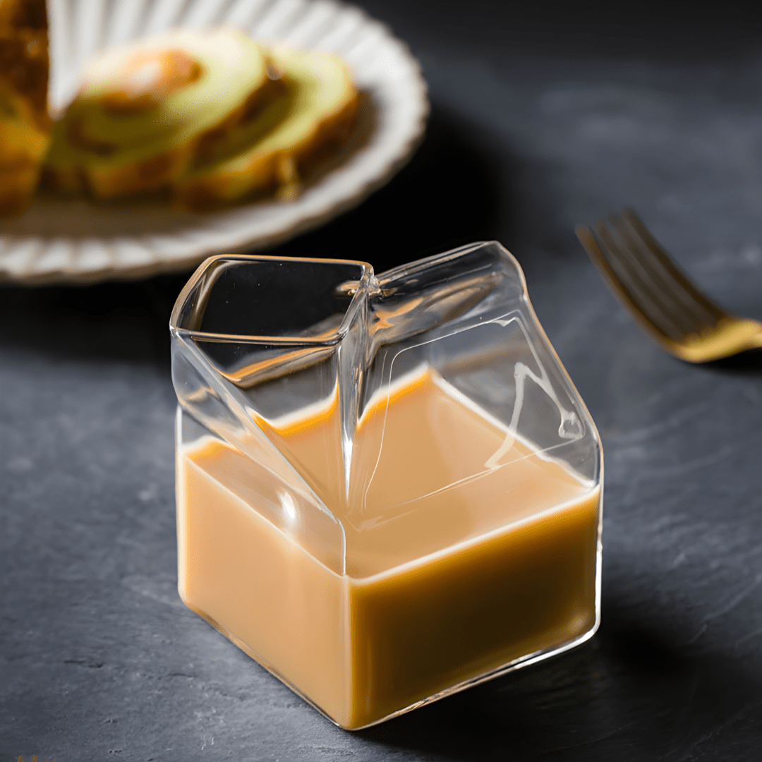 Milk box shaped clear glass cup filled with milk – Beirut, Lebanon