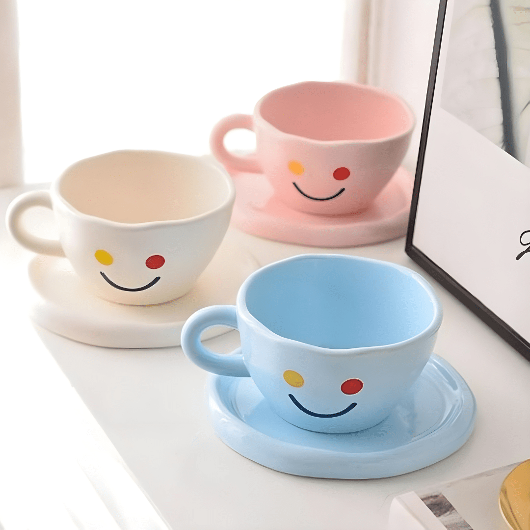 Premium ceramic smile cup with saucer 260ml, Korean-style hand-painted mug, sold in Beirut Lebanon

