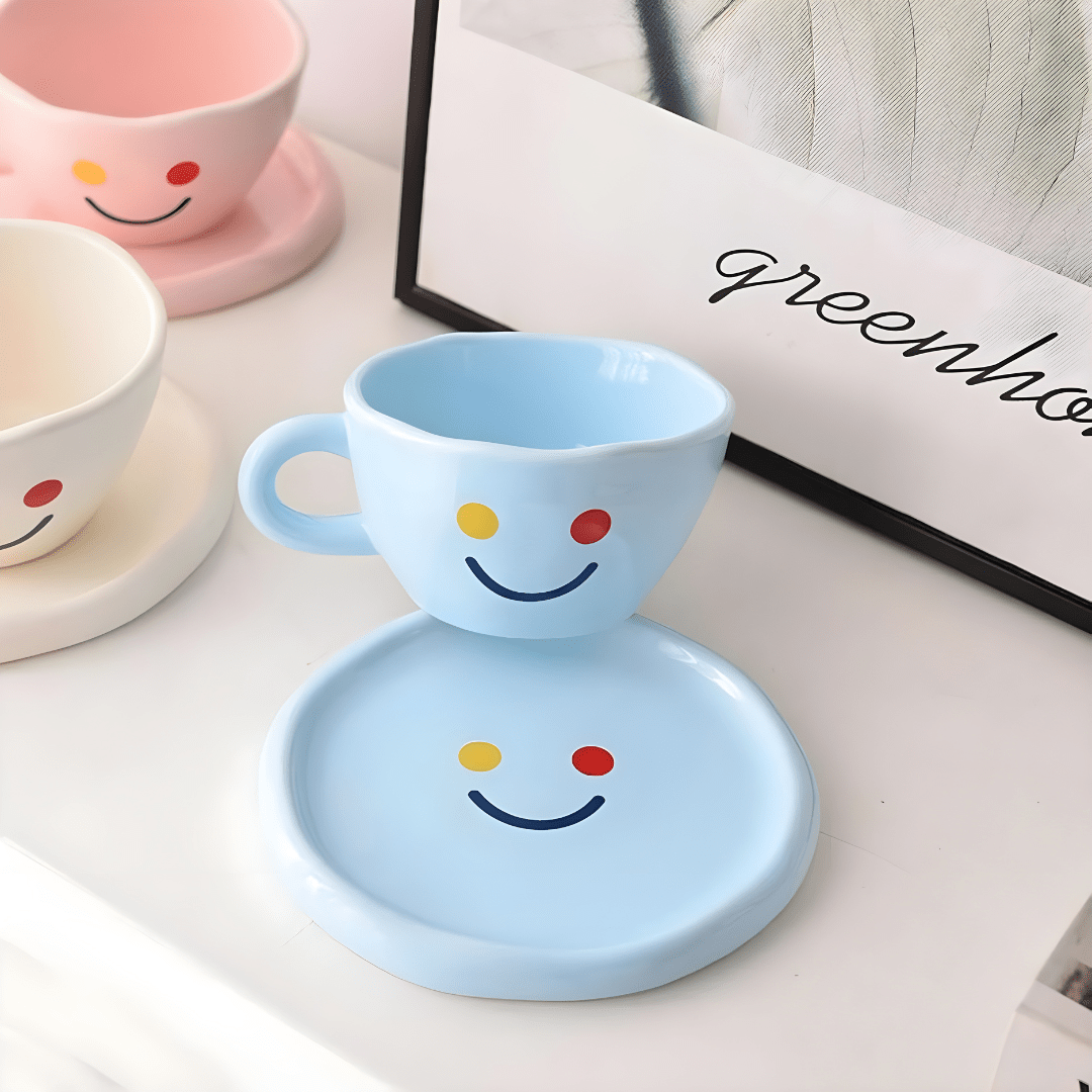 Premium ceramic smile cup with saucer 260ml, Korean-style hand-painted mug, sold in Beirut Lebanon

