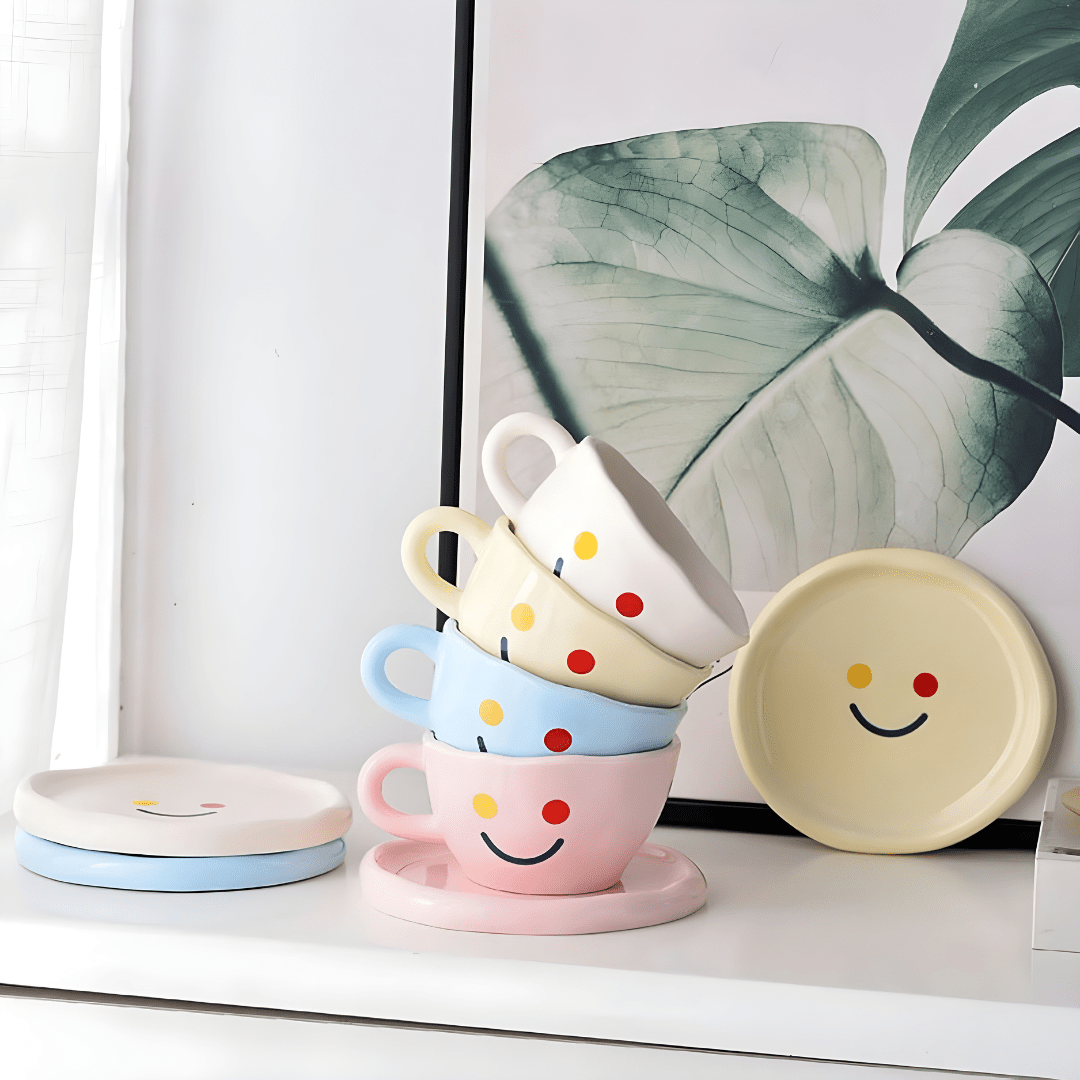 Premium ceramic smile cup with saucer 260ml, Korean-style hand-painted mug, sold in Beirut Lebanon

