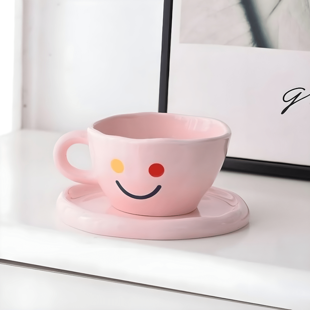 Premium ceramic smile cup with saucer 260ml, Korean-style hand-painted mug, sold in Beirut Lebanon

