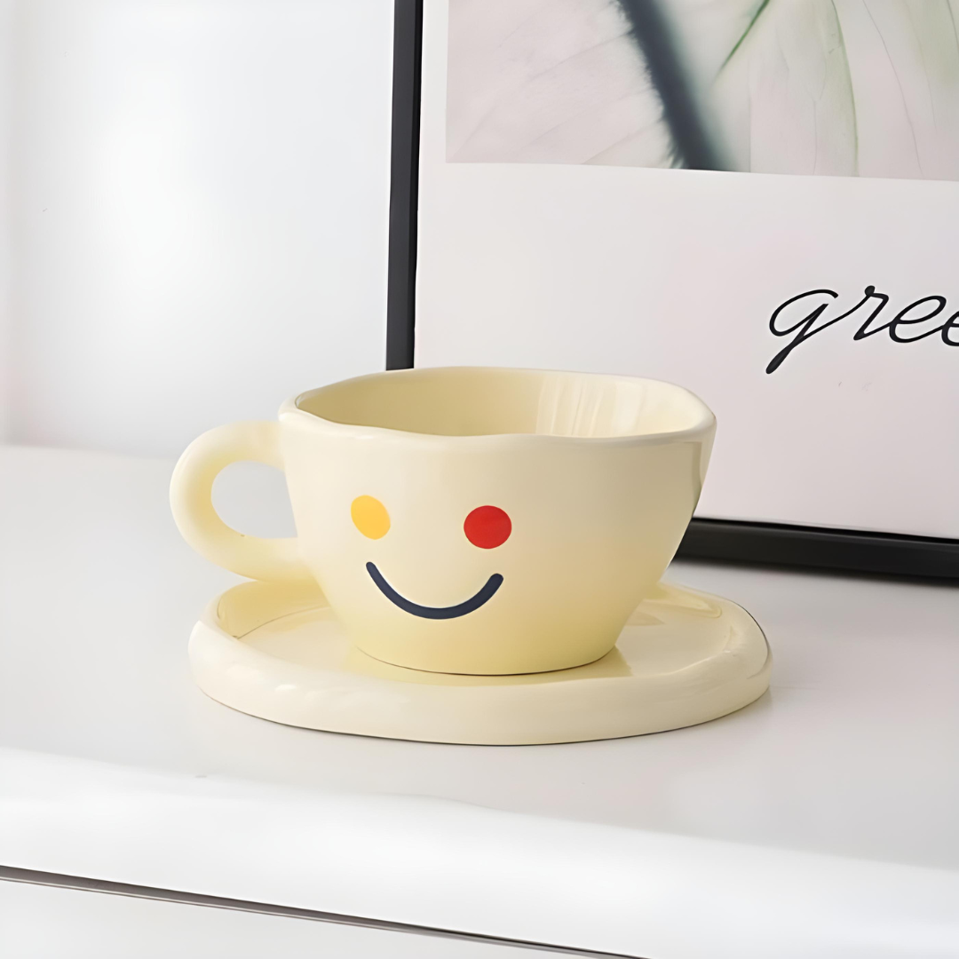 Premium ceramic smile cup with saucer 260ml, Korean-style hand-painted mug, sold in Beirut Lebanon

