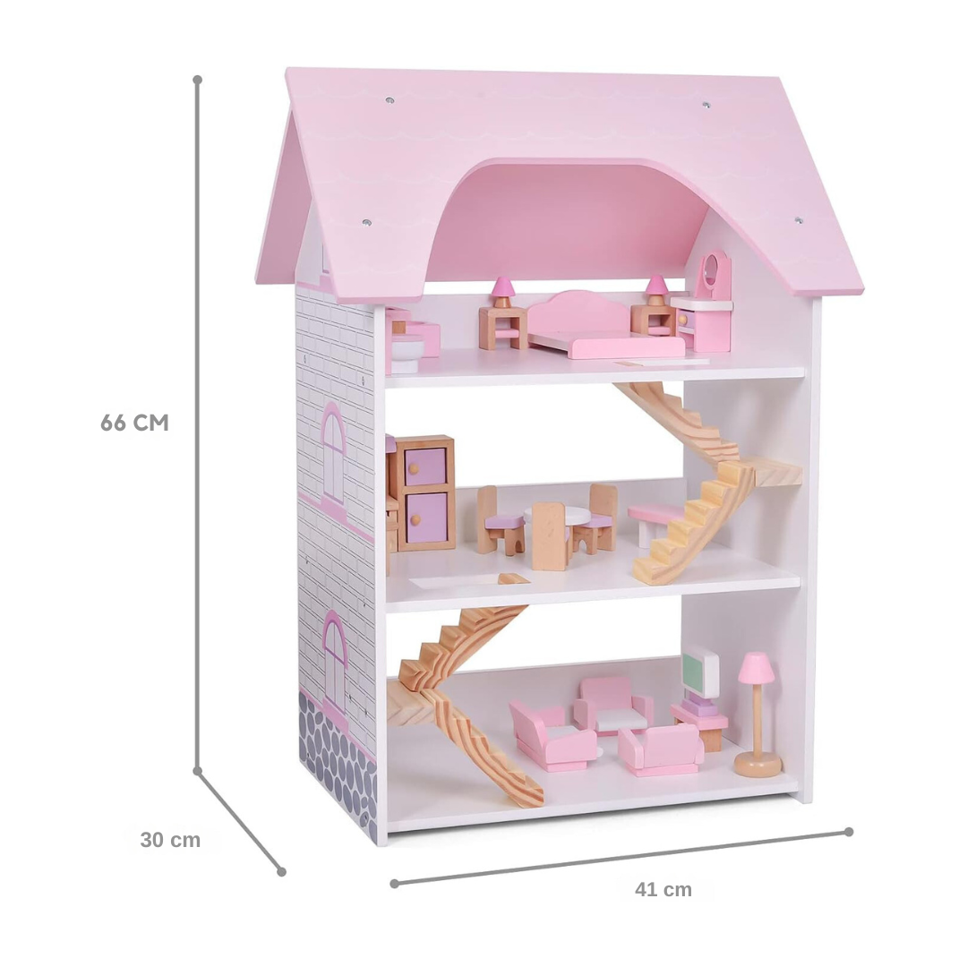 Wooden Dollhouse with Wooden Furniture , 23 PCs Accessories