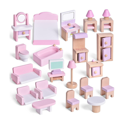 Wooden Dollhouse with Wooden Furniture , 23 PCs Accessories