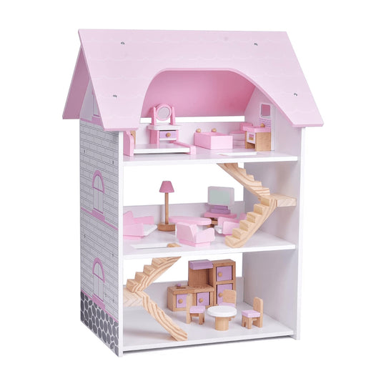 Houten poppenhuis met houten meubels, 23 stuks accessoires