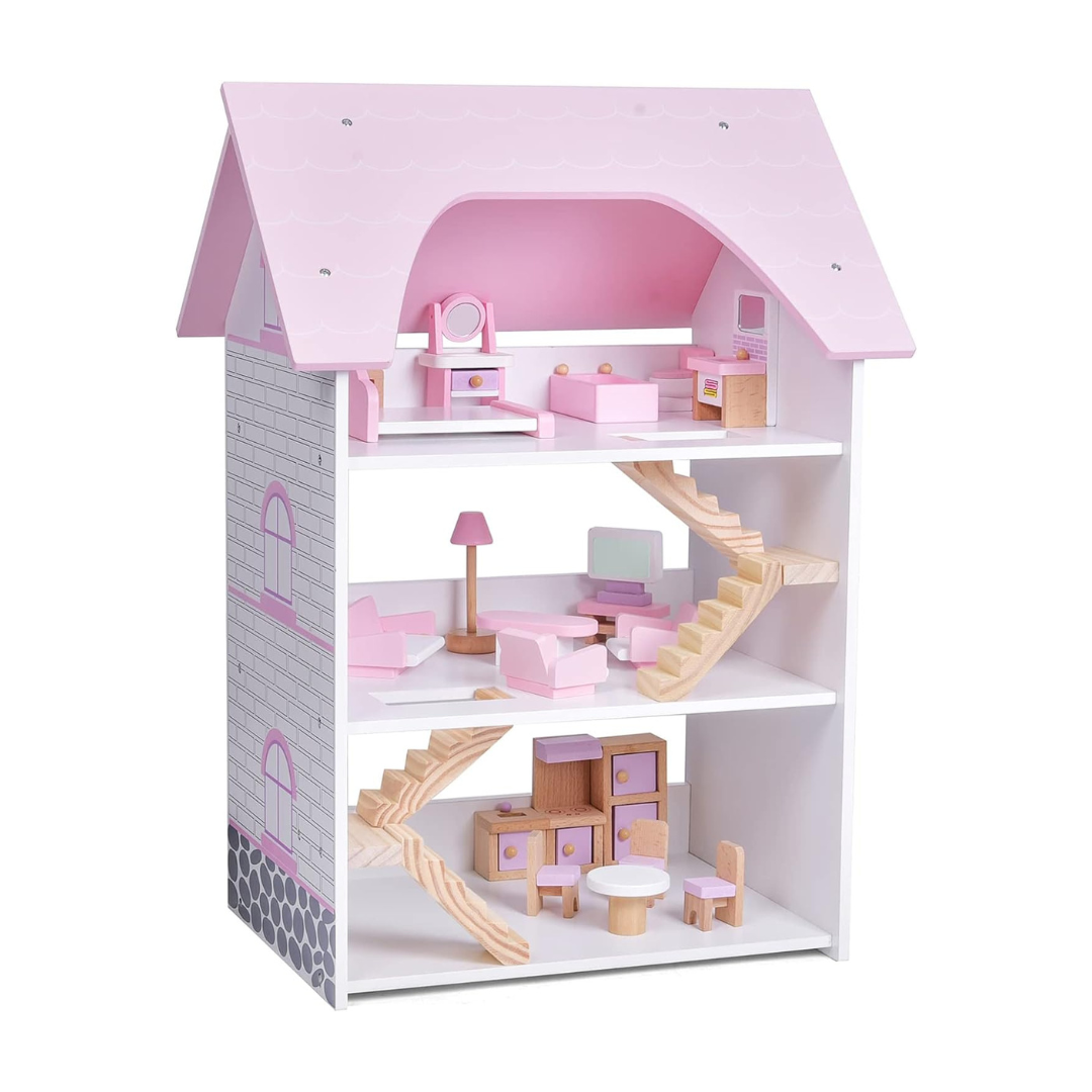 Wooden Dollhouse with Wooden Furniture , 23 PCs Accessories