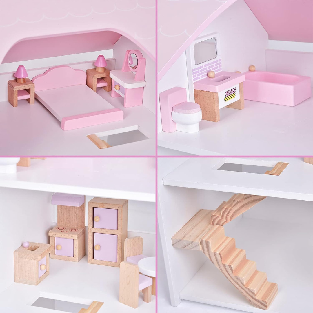 Wooden Dollhouse with Wooden Furniture , 23 PCs Accessories