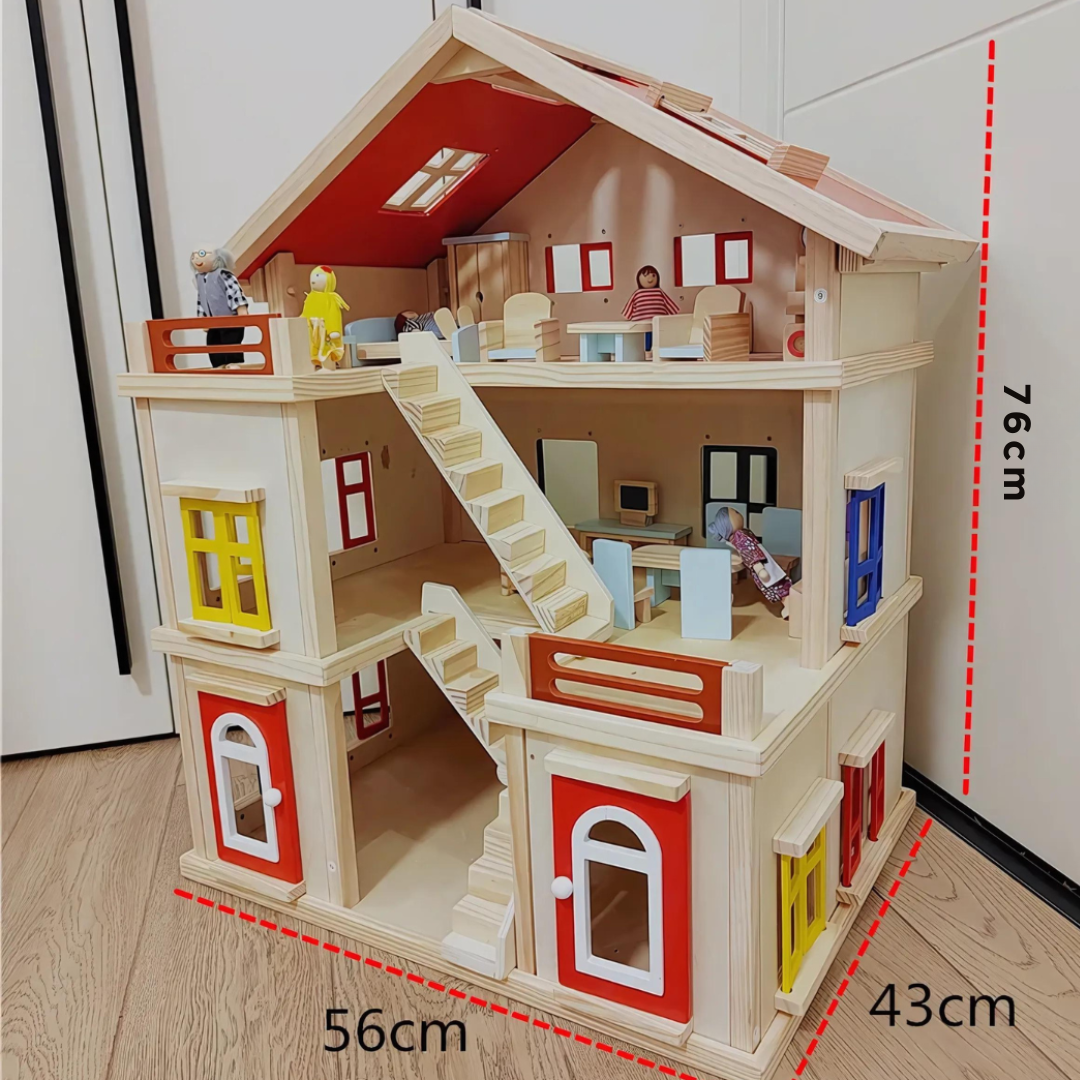 Large Wooden Dollhouse with Furniture: Creative Play