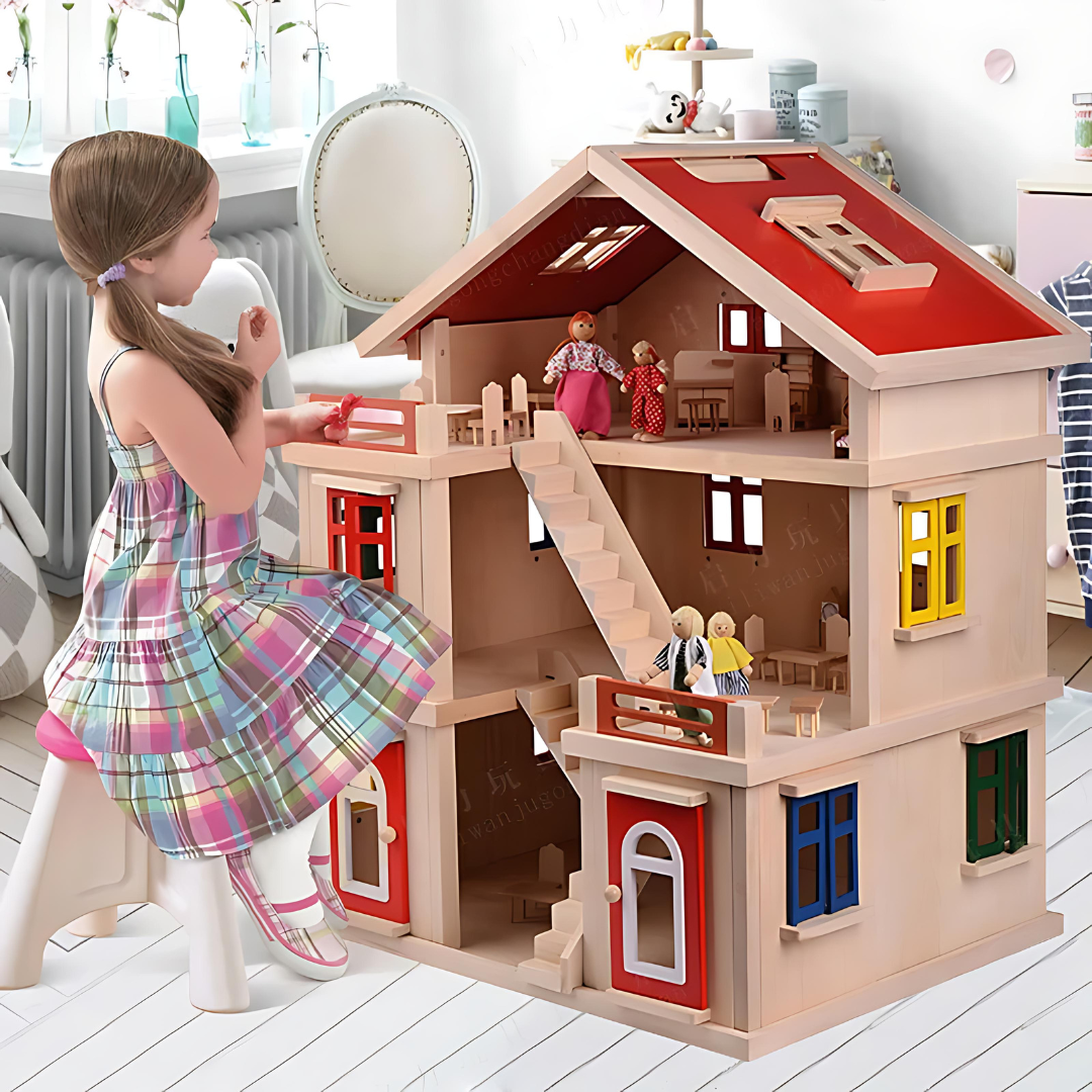 Large Wooden Dollhouse with Furniture: Creative Play