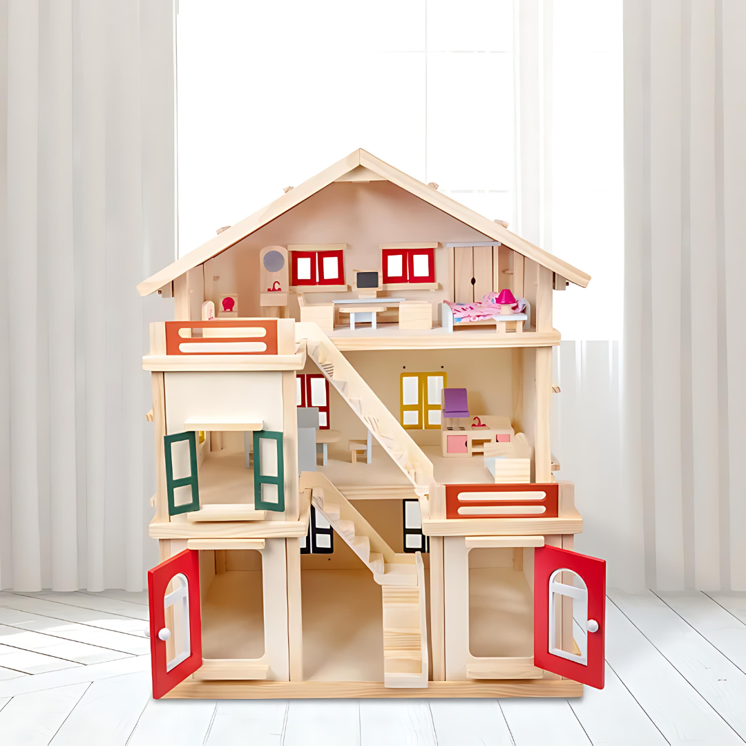 Large Wooden Dollhouse with Furniture: Creative Play