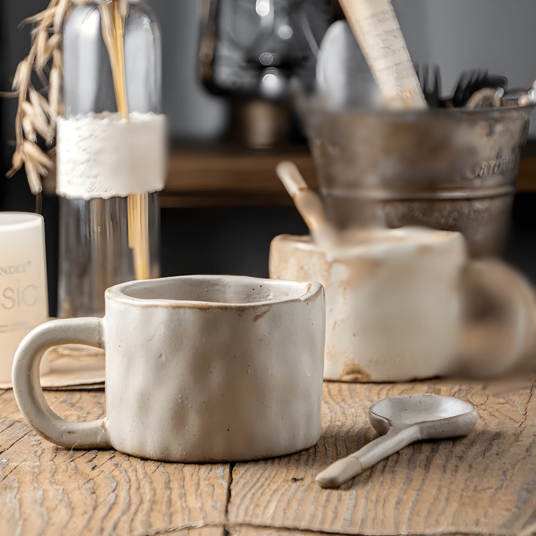 200ml Japanese-style hand-pinched ceramic mug with rustic finish, ideal for coffee or tea


