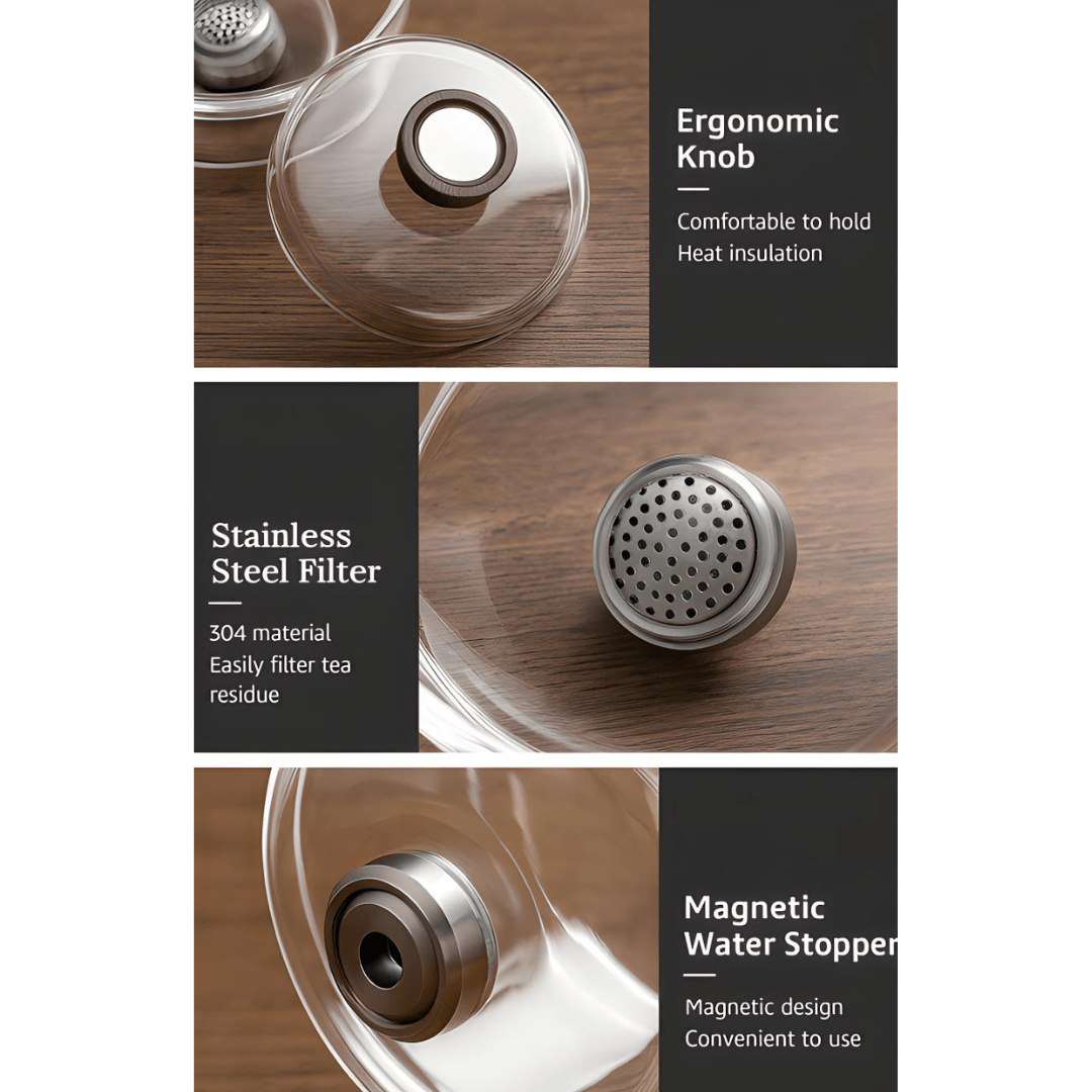 Magnetic Glass Teapot with Rodless Push-Button Control – 600ml Borosilicate with Wood-Style Handle & Stainless Steel Filter