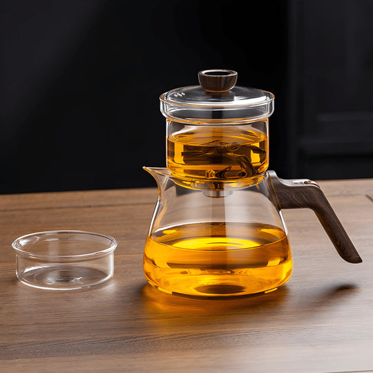 Premium magnetic glass teapot with wood-style handle, stainless steel filter, and clear borosilicate body – 600ml