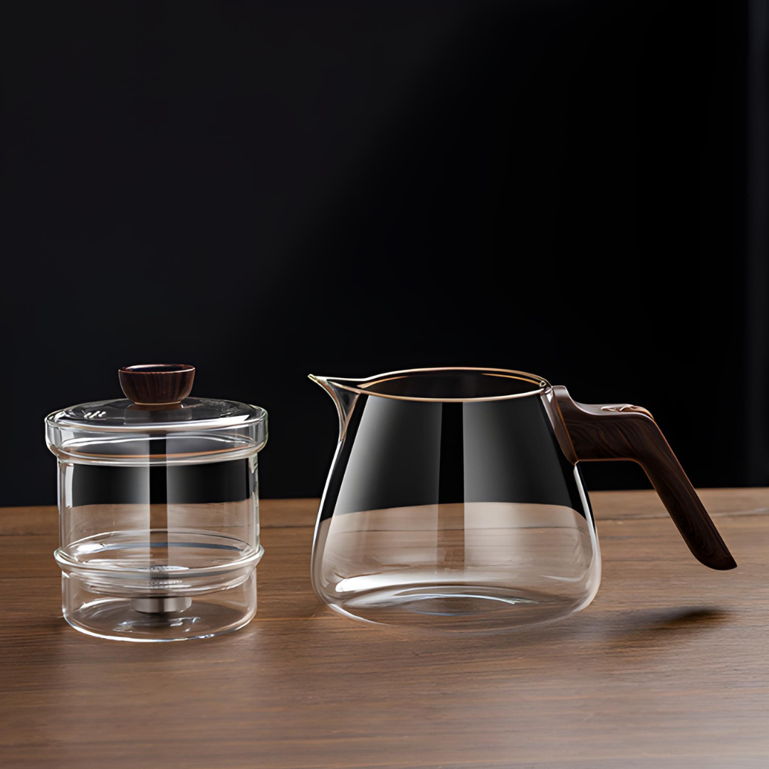 Premium magnetic glass teapot with wood-style handle, stainless steel filter, and clear borosilicate body – 600ml