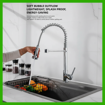Pull-out kitchen sink faucet with 360 degree rotating spring design