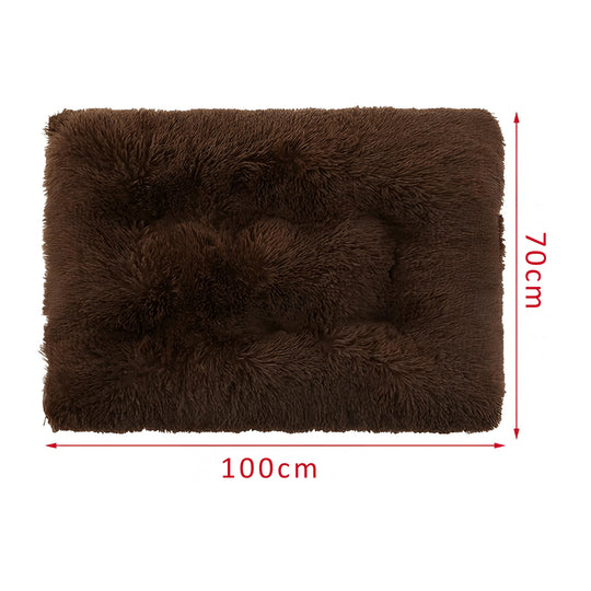Fluffy faux fur pet bed for medium dogs and cats, 100x70cm, brown color, non-slip, washable – available in Beirut Lebanon