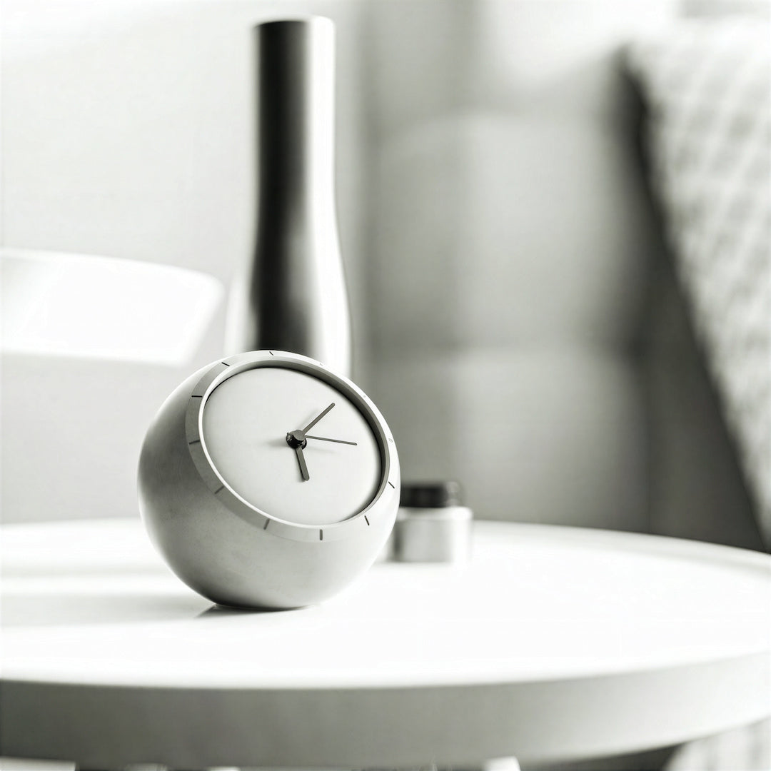 Modern grey concrete table clock displayed on a minimalist white side table