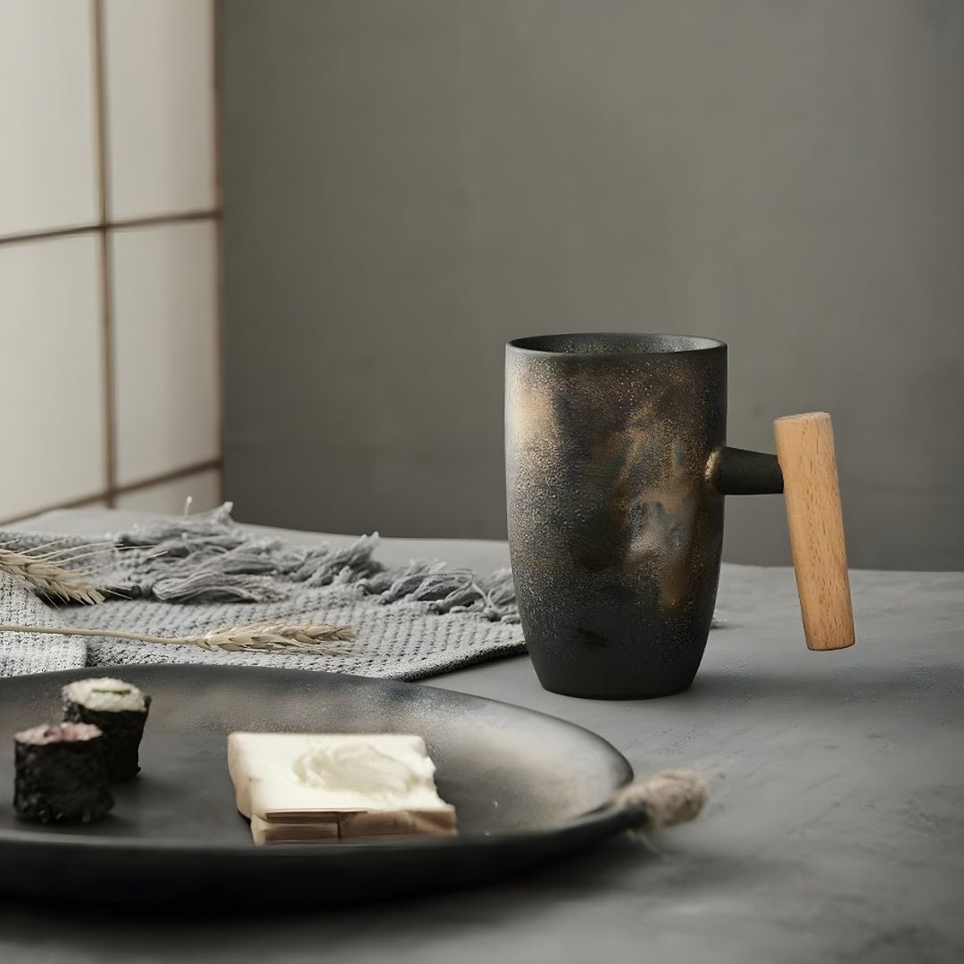 Vintage handmade ceramic mug 350ml with wooden handle – premium coffee and tea cup, available in Beirut Lebanon