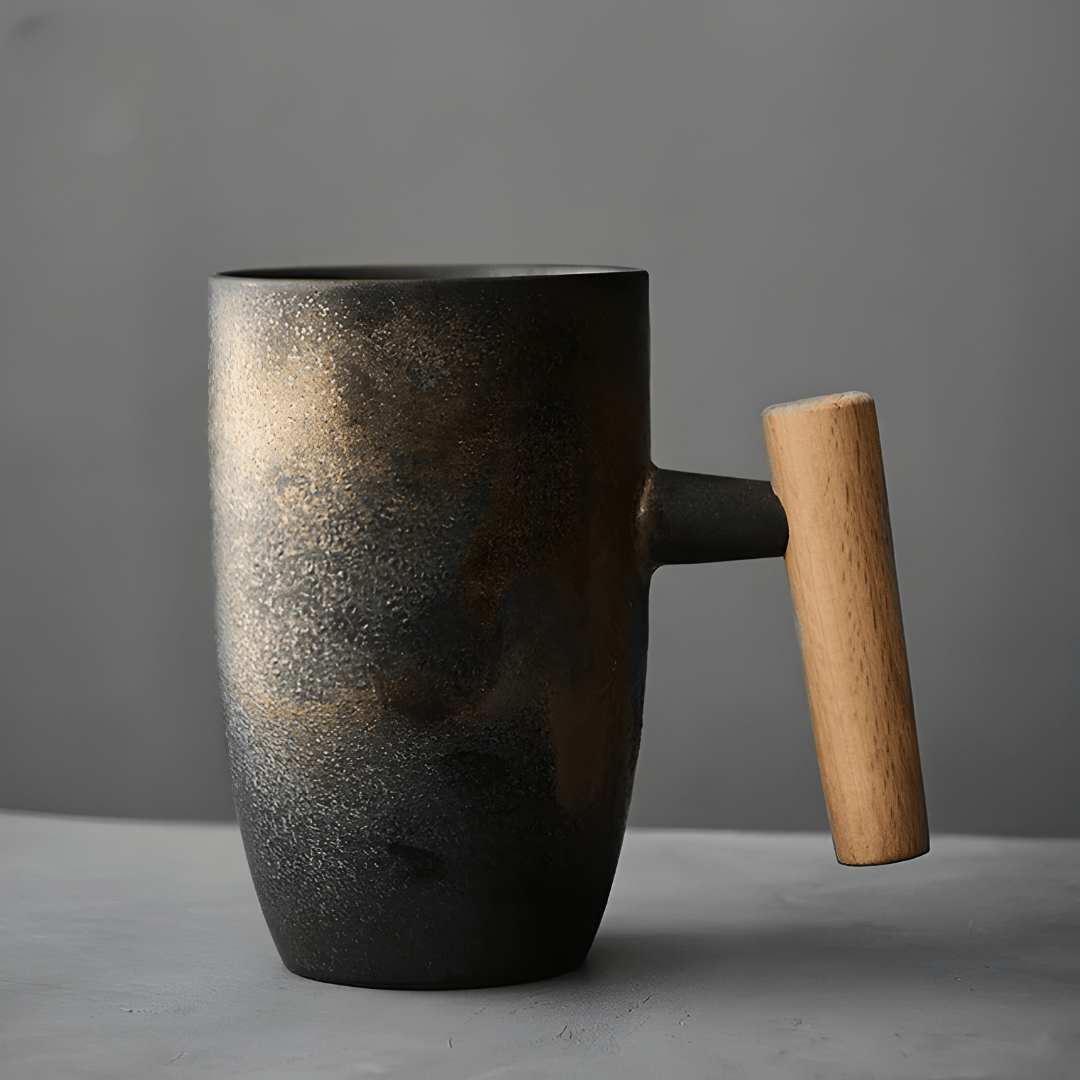 Vintage handmade ceramic mug 350ml with wooden handle – premium coffee and tea cup, available in Beirut Lebanon