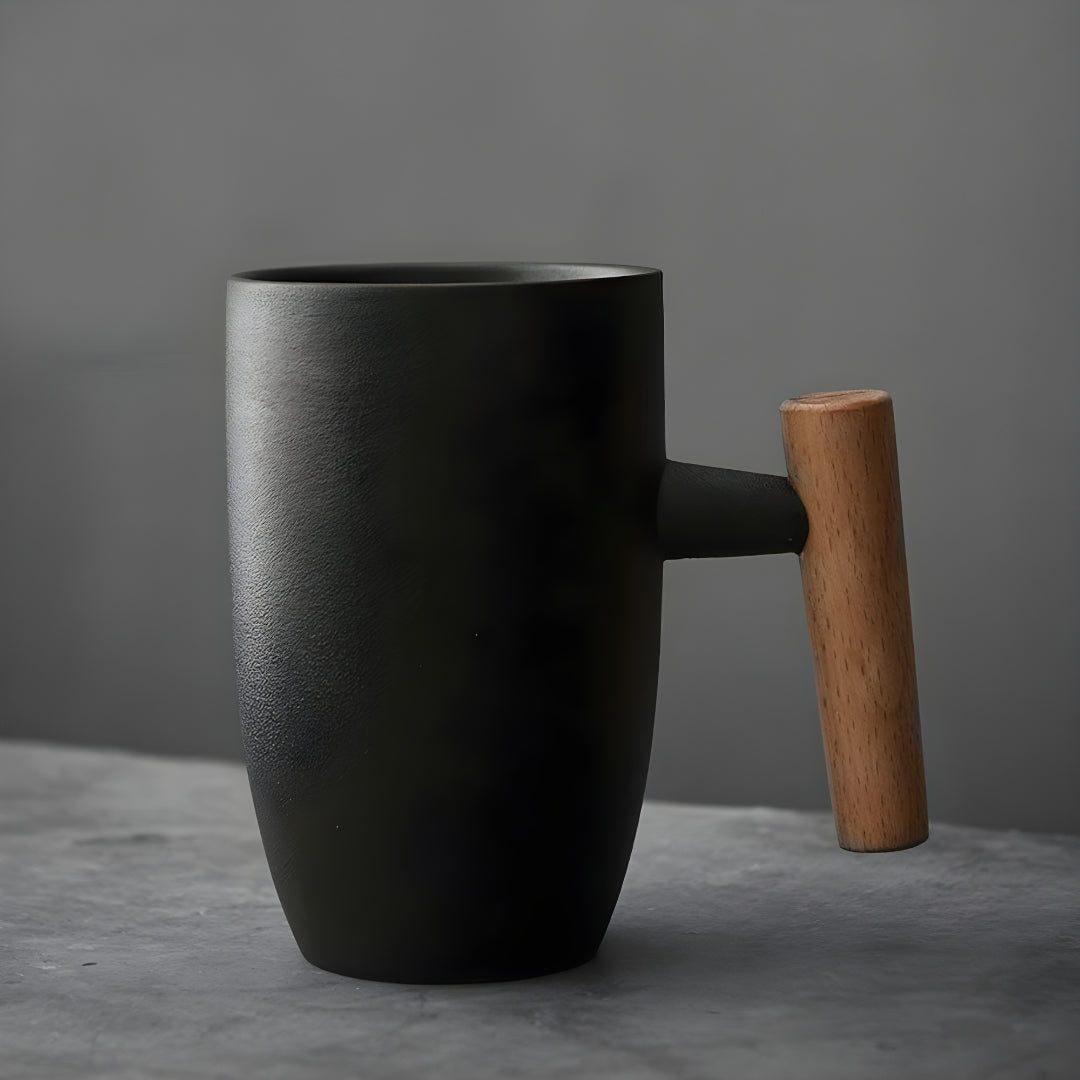 Vintage handmade ceramic mug 350ml with wooden handle – premium coffee and tea cup, available in Beirut Lebanon