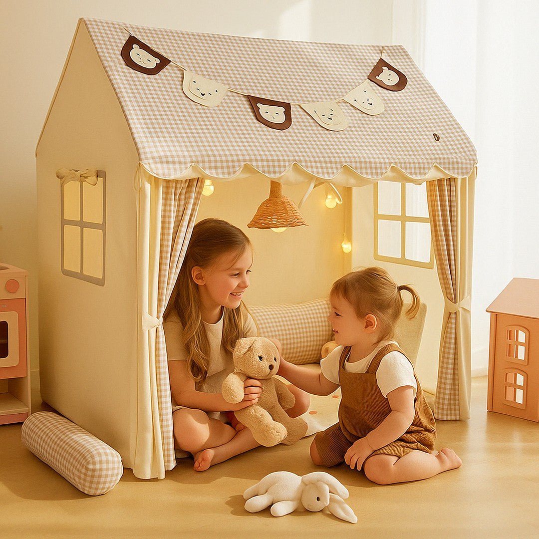 Kids play tent with pine wood frame, bear design, string lights, curtain & floor mat – Beirut