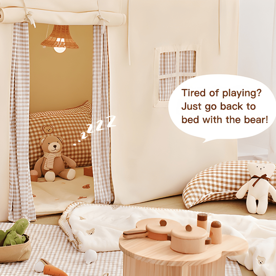 Kids play tent with pine wood frame, bear design, string lights, curtain & floor mat – Beirut