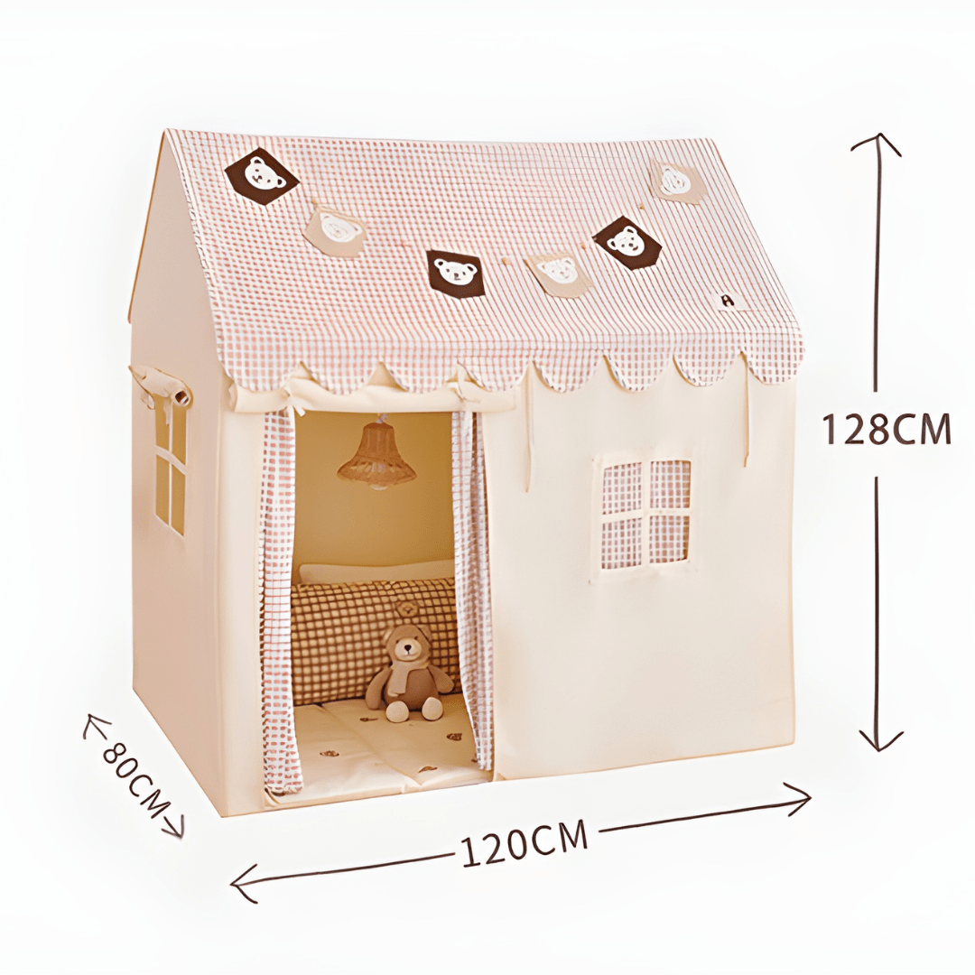 Kids play tent with pine wood frame, bear design, string lights, curtain & floor mat – Beirut