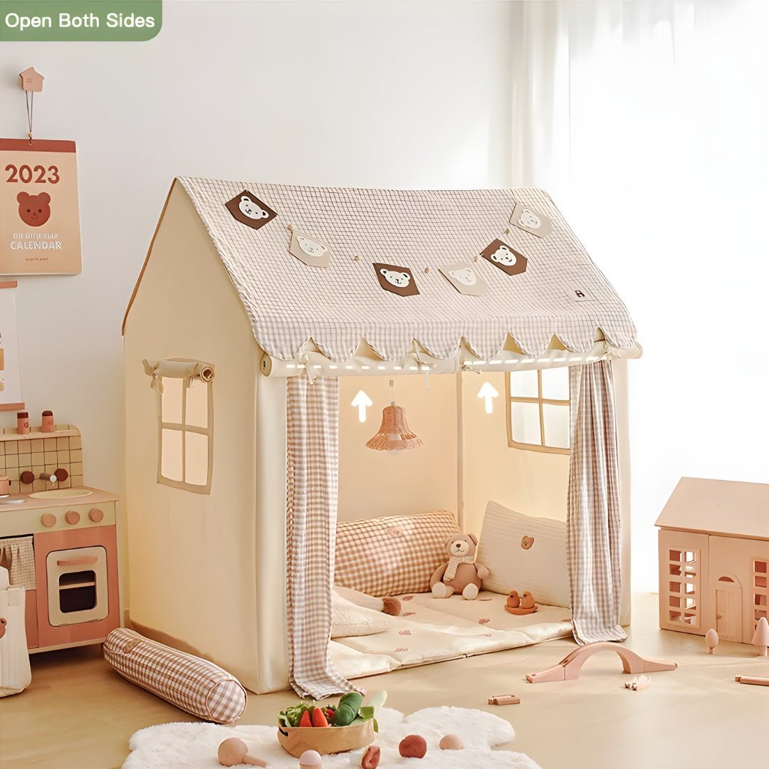 Kids play tent with pine wood frame, bear design, string lights, curtain & floor mat – Beirut