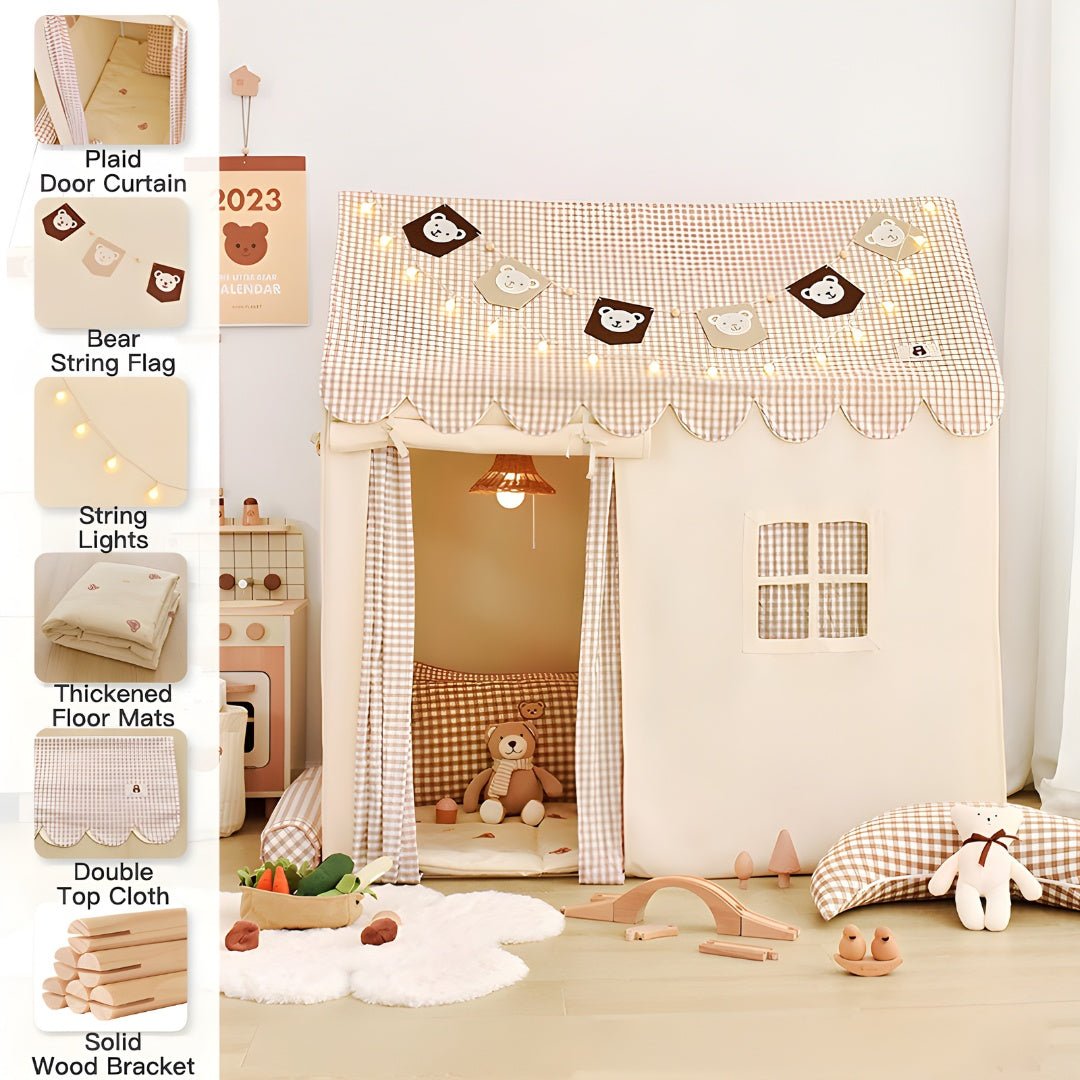 Kids play tent with pine wood frame, bear design, string lights, curtain & floor mat – Beirut