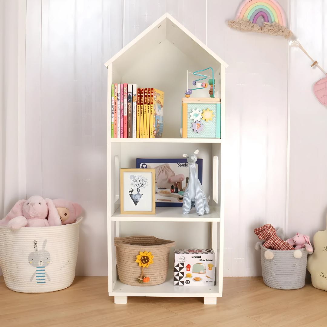 Wooden House-Shaped Bookshelf for Kids’ Storage