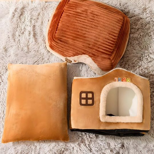 Disassembled view of plush pet house components including cushion, roof, and soft fabric base — a cozy design by European House Hold for small pets