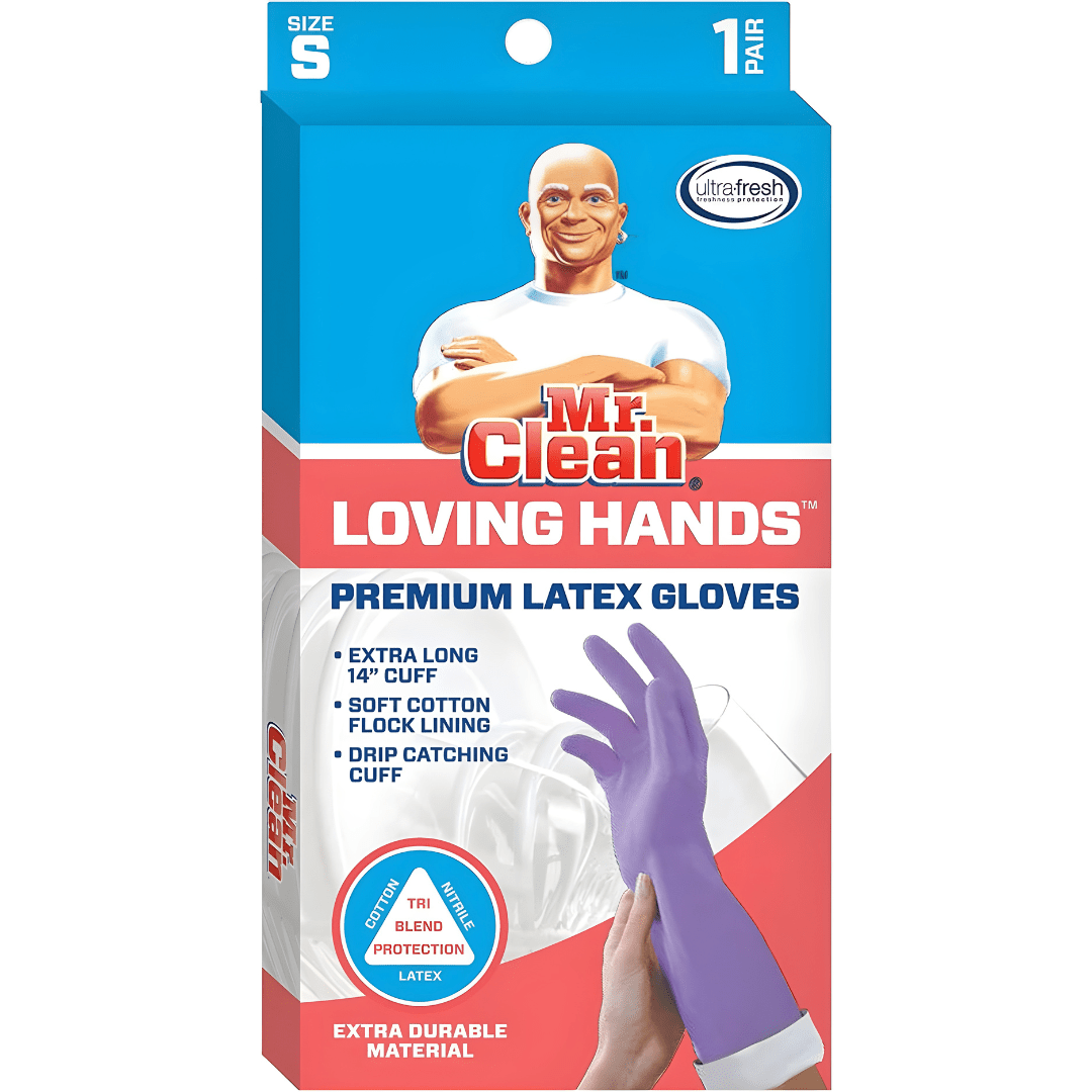Mr. Clean Loving Hands yellow reusable latex cleaning gloves with extra-long 14-inch cuffs and soft cotton lining.
