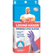 Mr. Clean Loving Hands yellow reusable latex cleaning gloves with extra-long 14-inch cuffs and soft cotton lining.