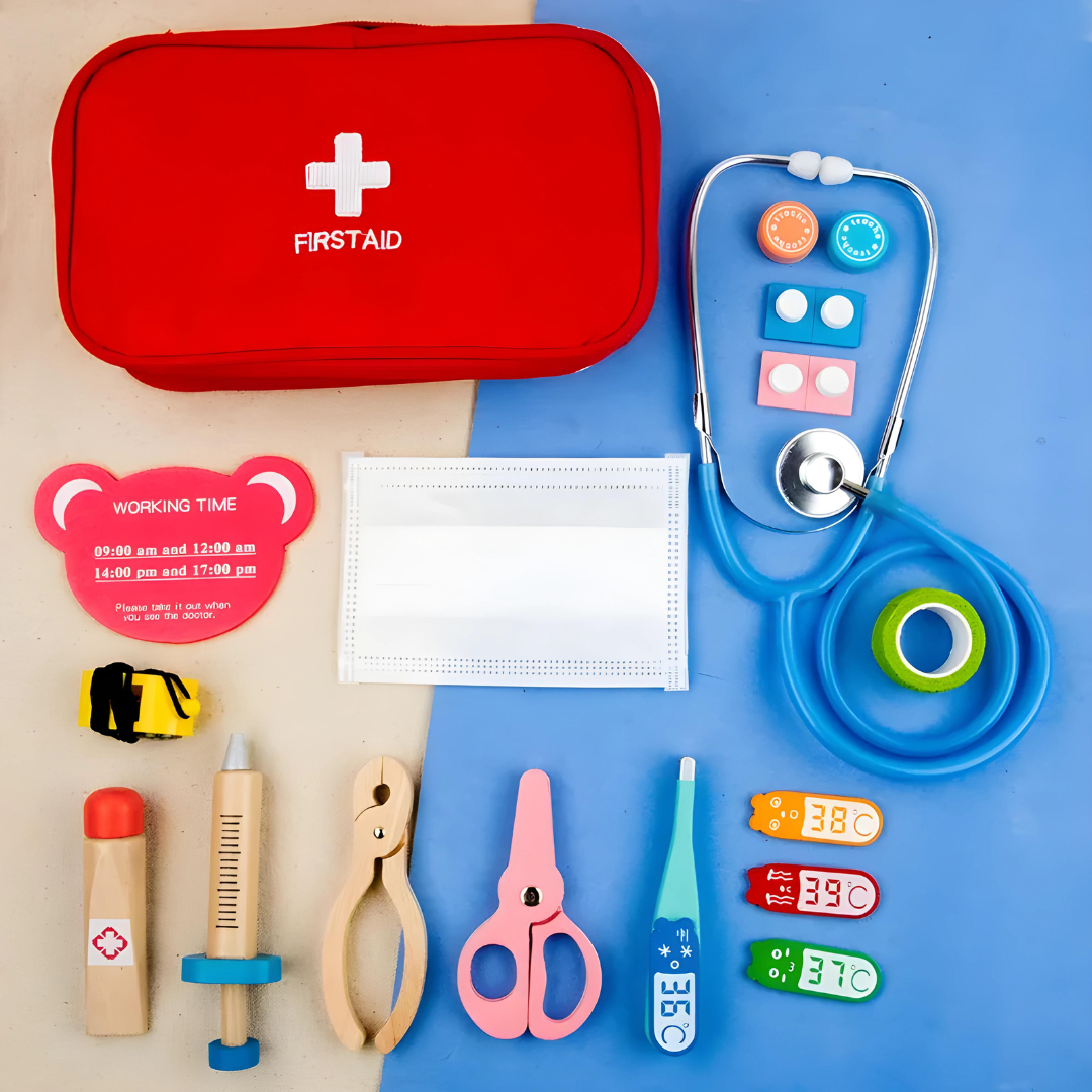 Simulation Wooden First Aid Medical Kit Early Learning Toys Set 20 Pieces Set