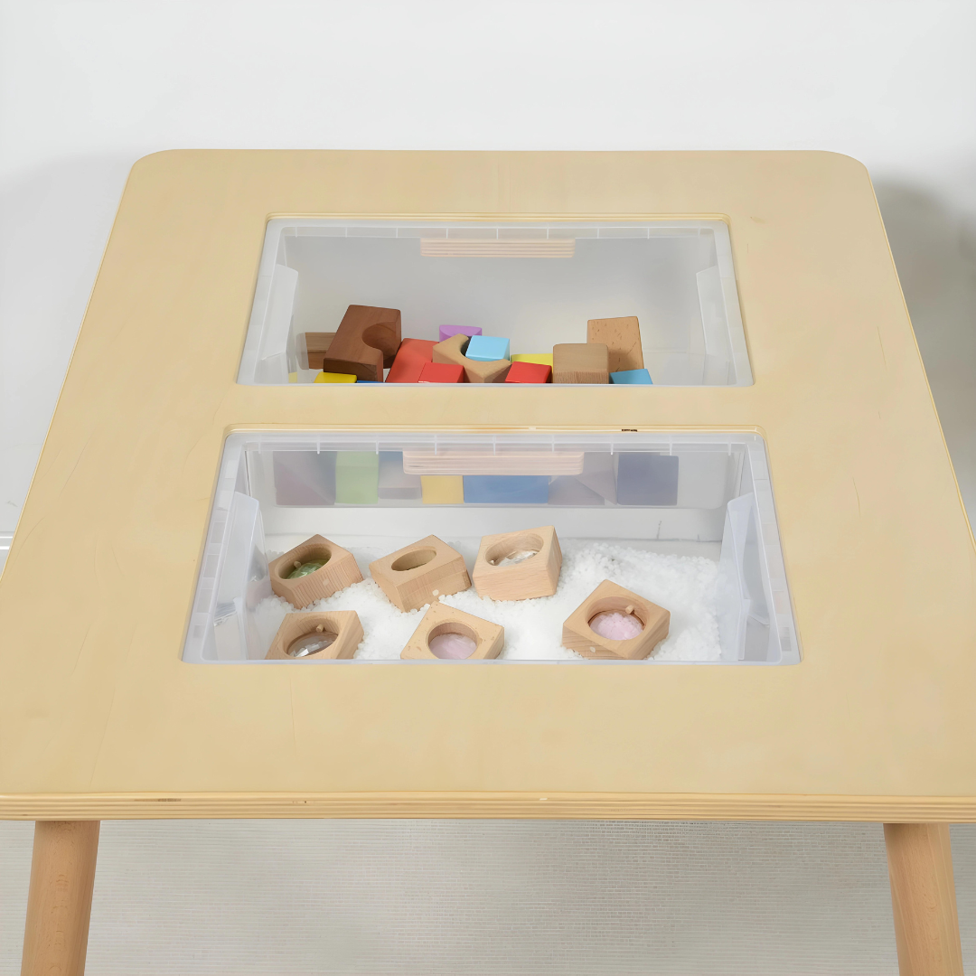 Kids Wooden Table With Storage Boxes Transparent Bins