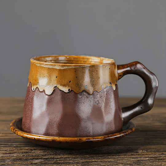 Handgemaakte Japanse koffiemok met schotel en handvat 320 ml