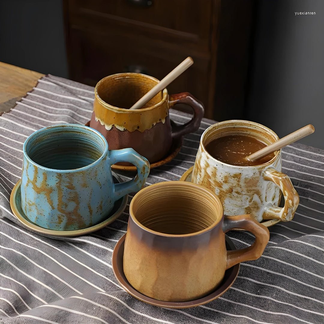 Handmade Japanese ceramic coffee mug with handle and matching saucer (320ml)