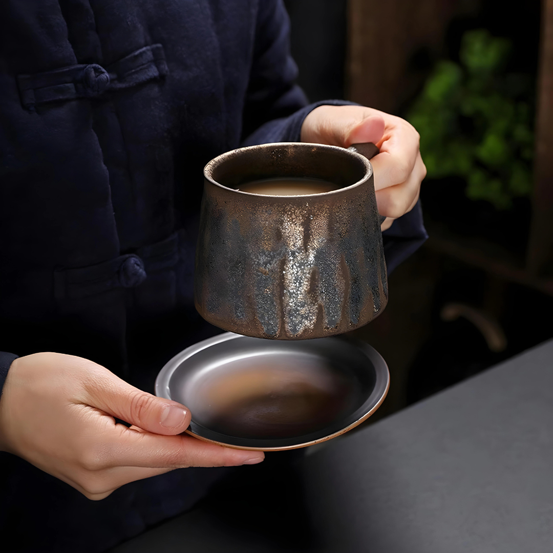 Handmade Japanese Coffee Mug With Saucer And Handle 320ML