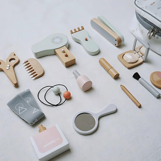 Houten make-up speelgoedset voor kinderen met cosmetische tas