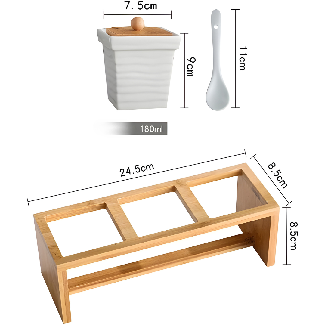 Ceramic Spice Box Set with Bamboo Stand and 3 Spoons