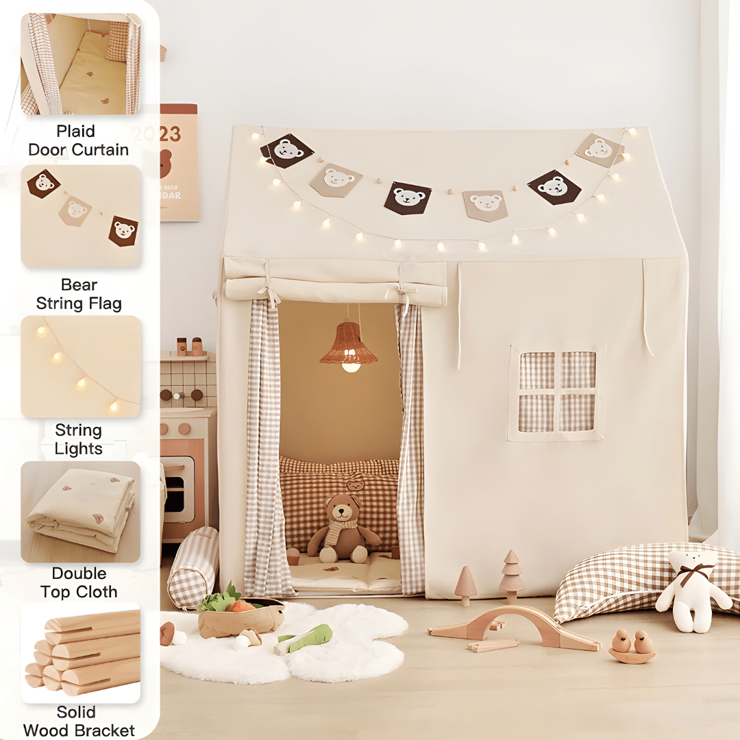 Kids play tent with pine wood frame, bear design, string lights, curtain & floor mat – Beirut