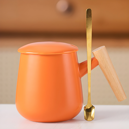 Wood Ceramic Mug with Simple Wooden Handle - 390ml Milk and Coffee Cup